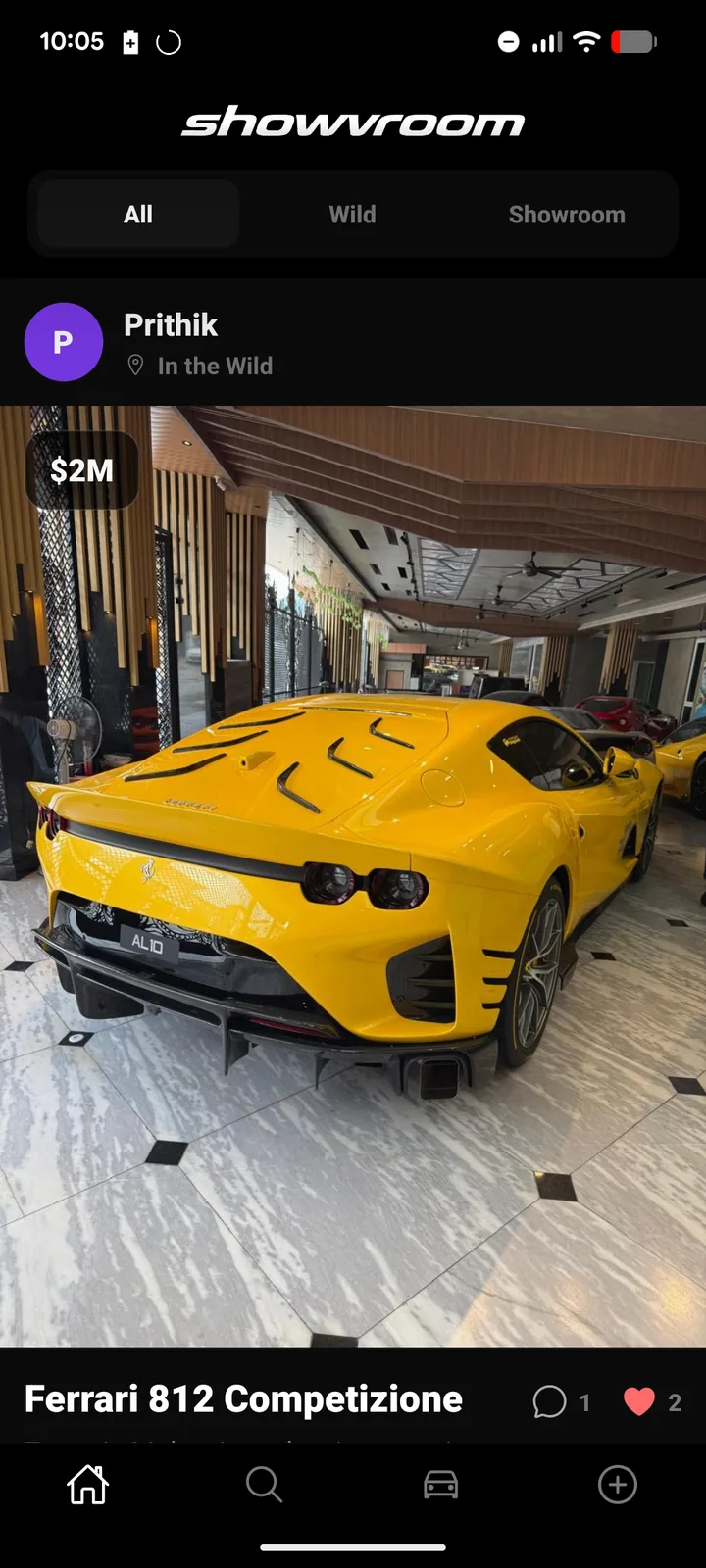 Showvroom feed post of a yellow Ferrari 812 Competizione spotted in the wild