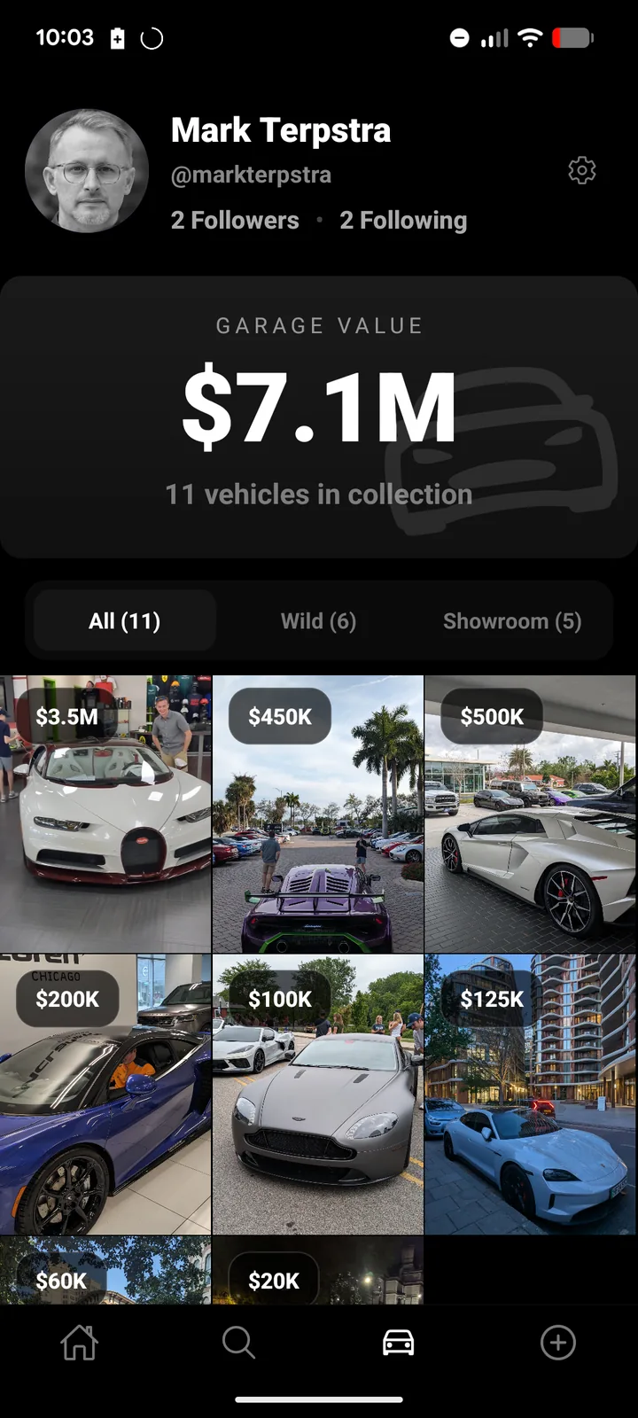 Showvroom profile showing a $7.1M garage value across 11 collected vehicles