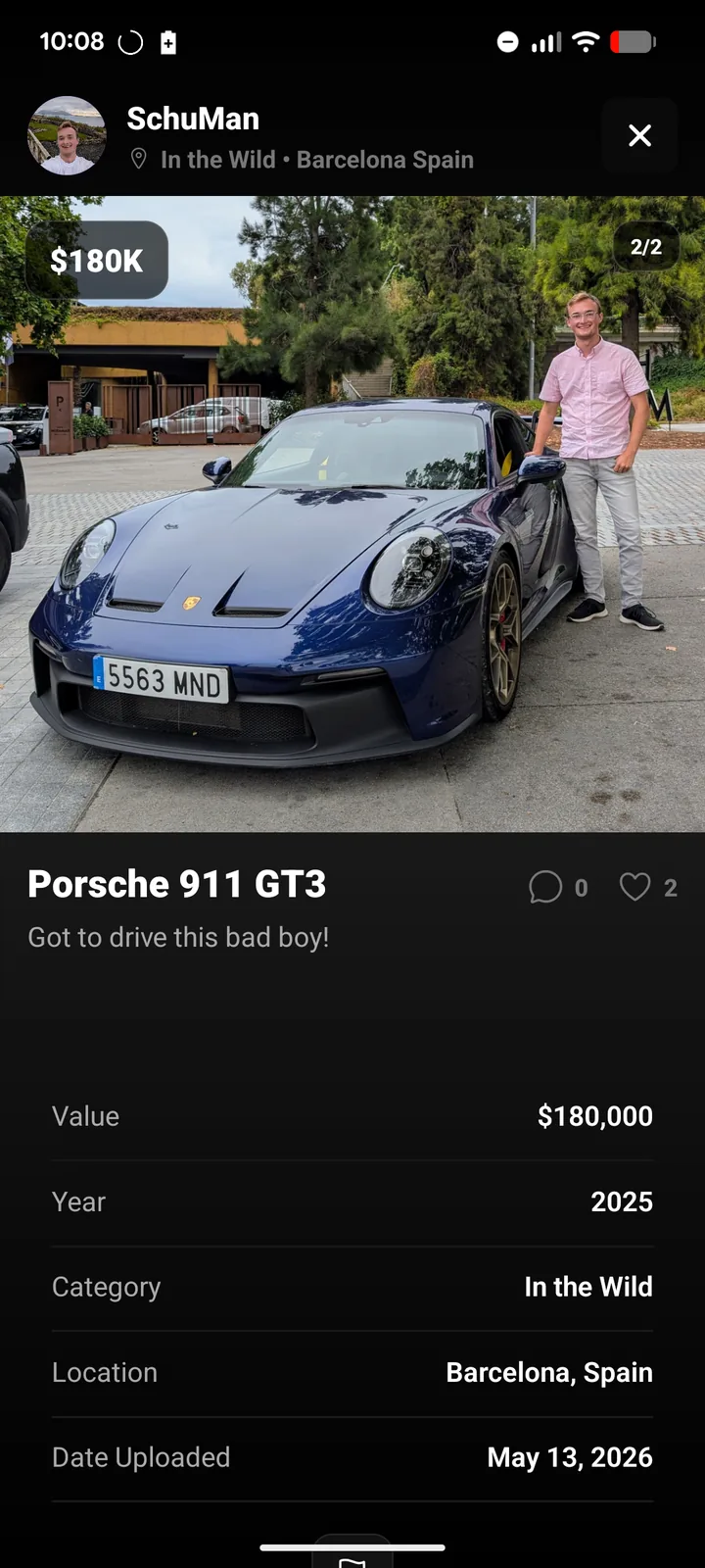 Showvroom post details for a Porsche 911 GT3 — value, year, category, and location